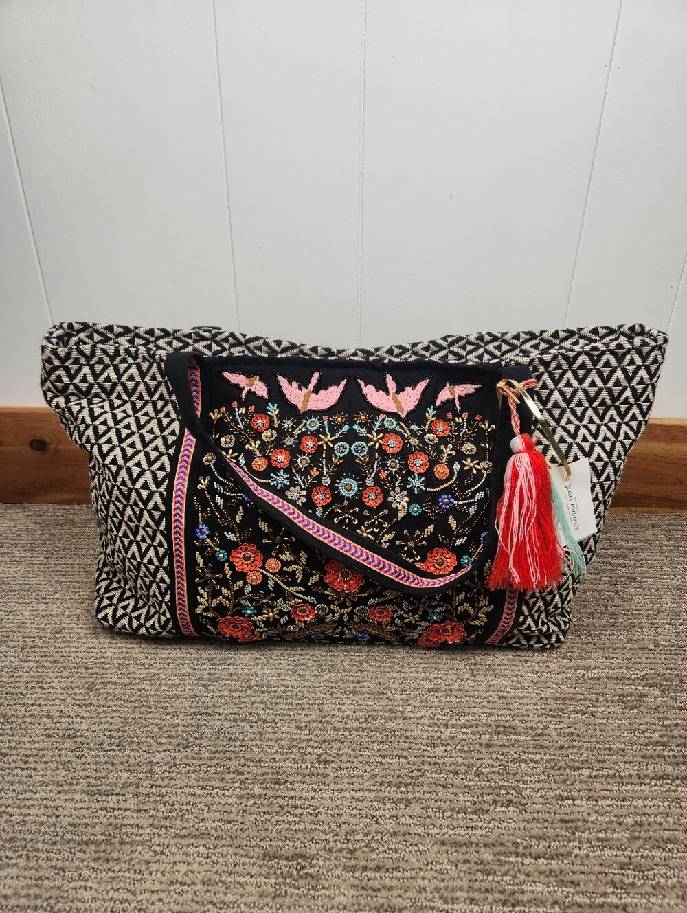 America & Beyond Woven Tote Bag Floral Birds Beaded Embroidered Boho Tassel